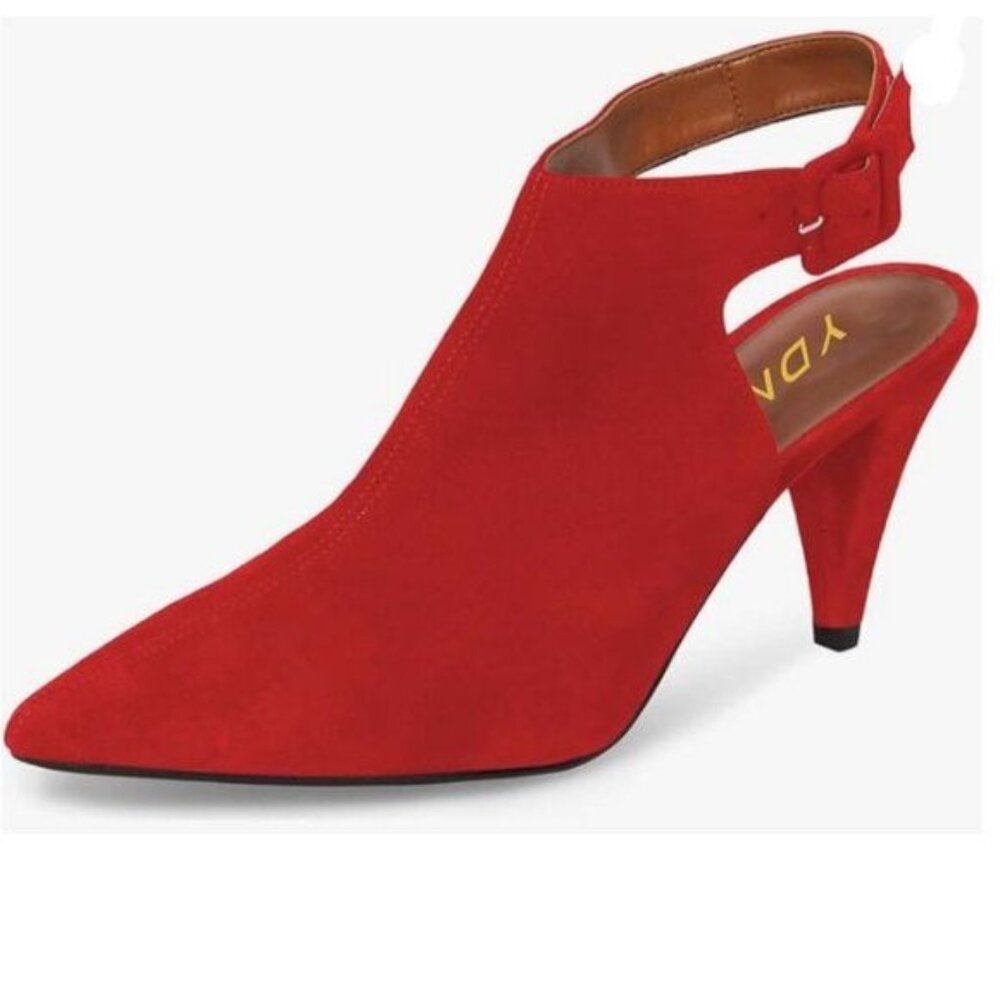 YDN Red Pointed Toe Cone High Heels Slingback Faux Suede Dress Sandal